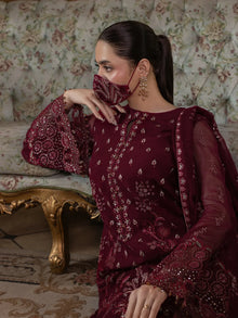 Mahira – Deep Burgundy Embroidered Chiffon 3 Piece Suit | Formal Wear