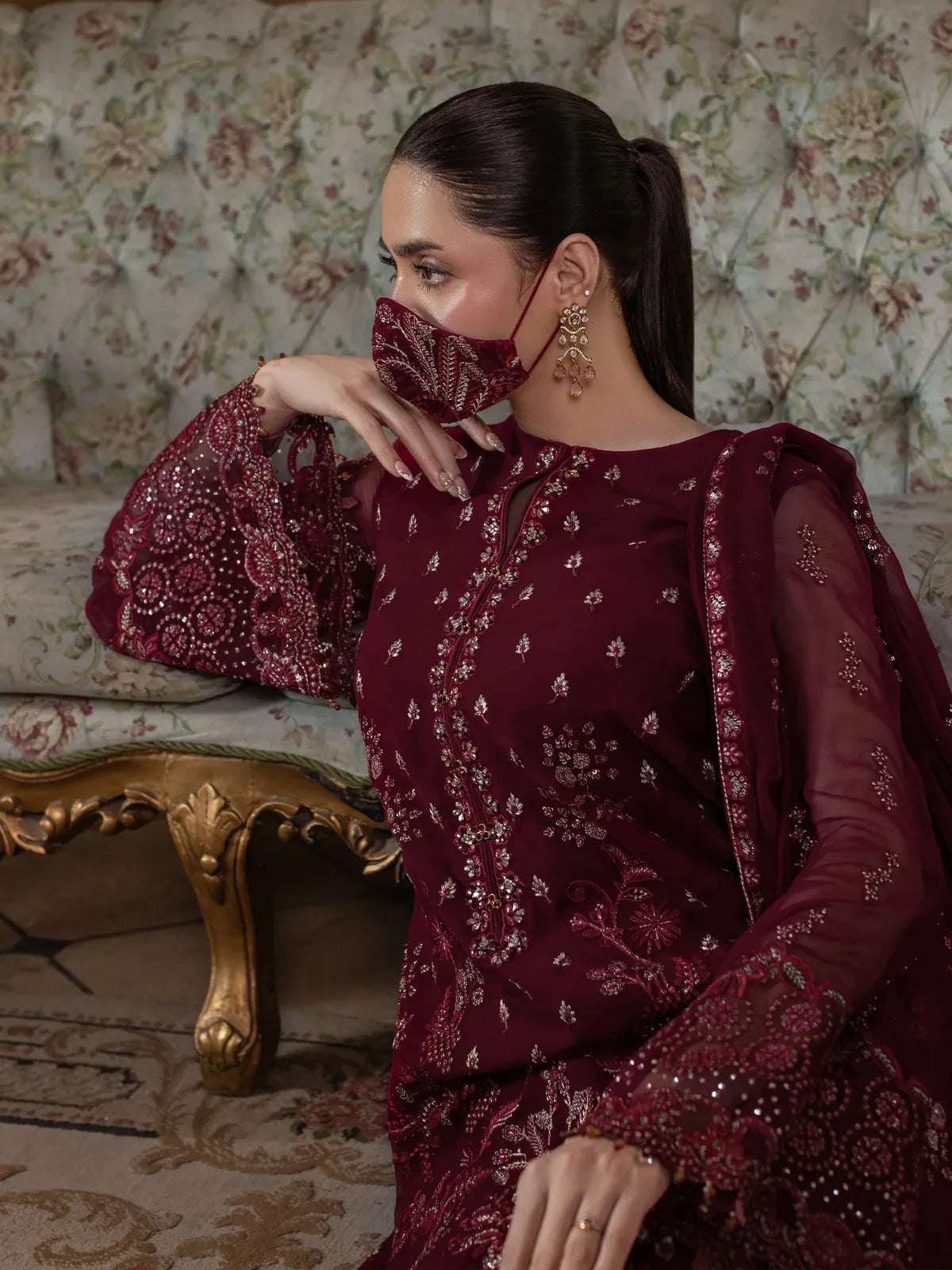 Mahira – Deep Burgundy Embroidered Chiffon 3 Piece Suit | Formal Wear