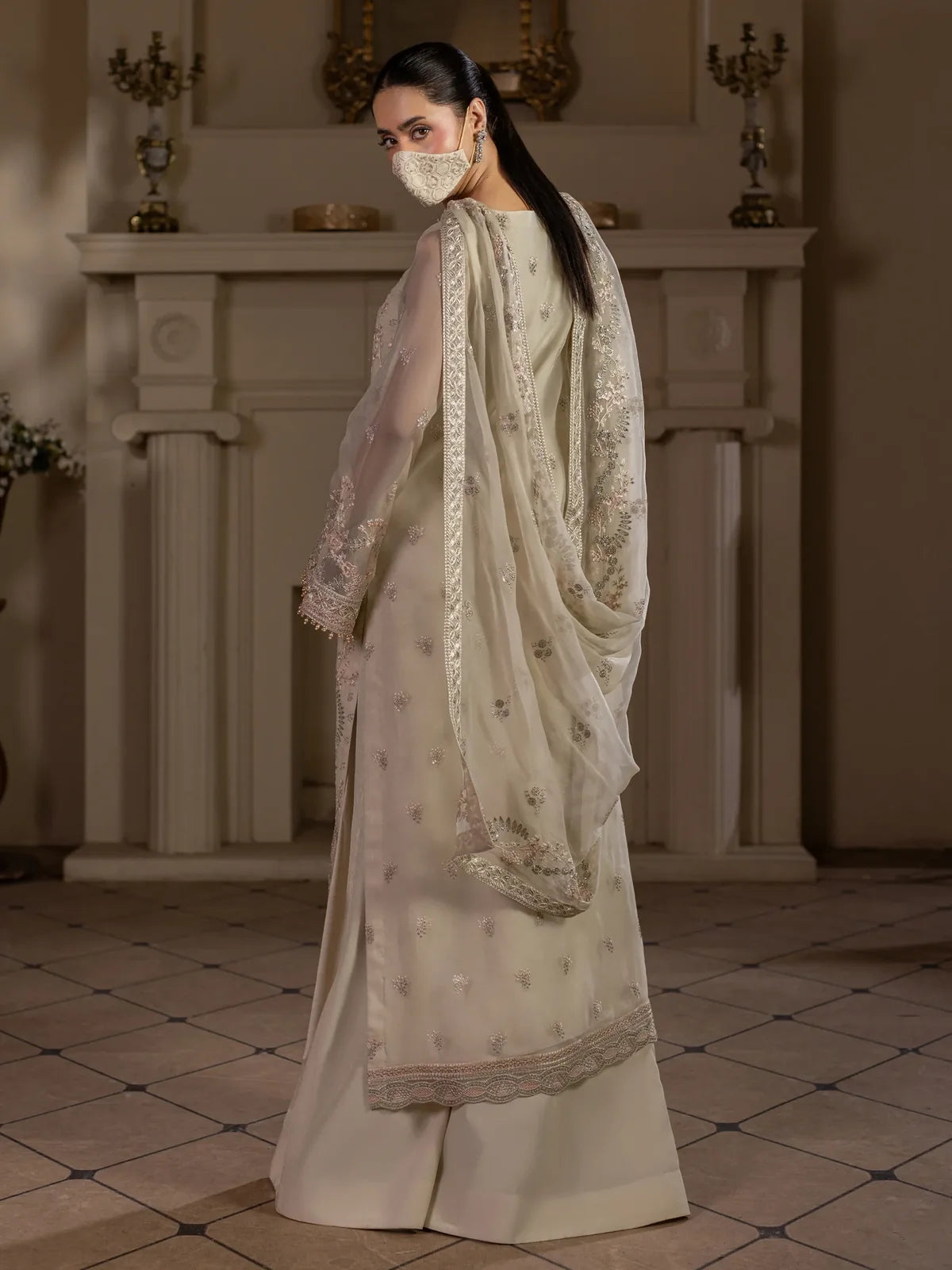 Safa – Ivory Embroidered Chiffon 3 Piece Suit | Formal Wear