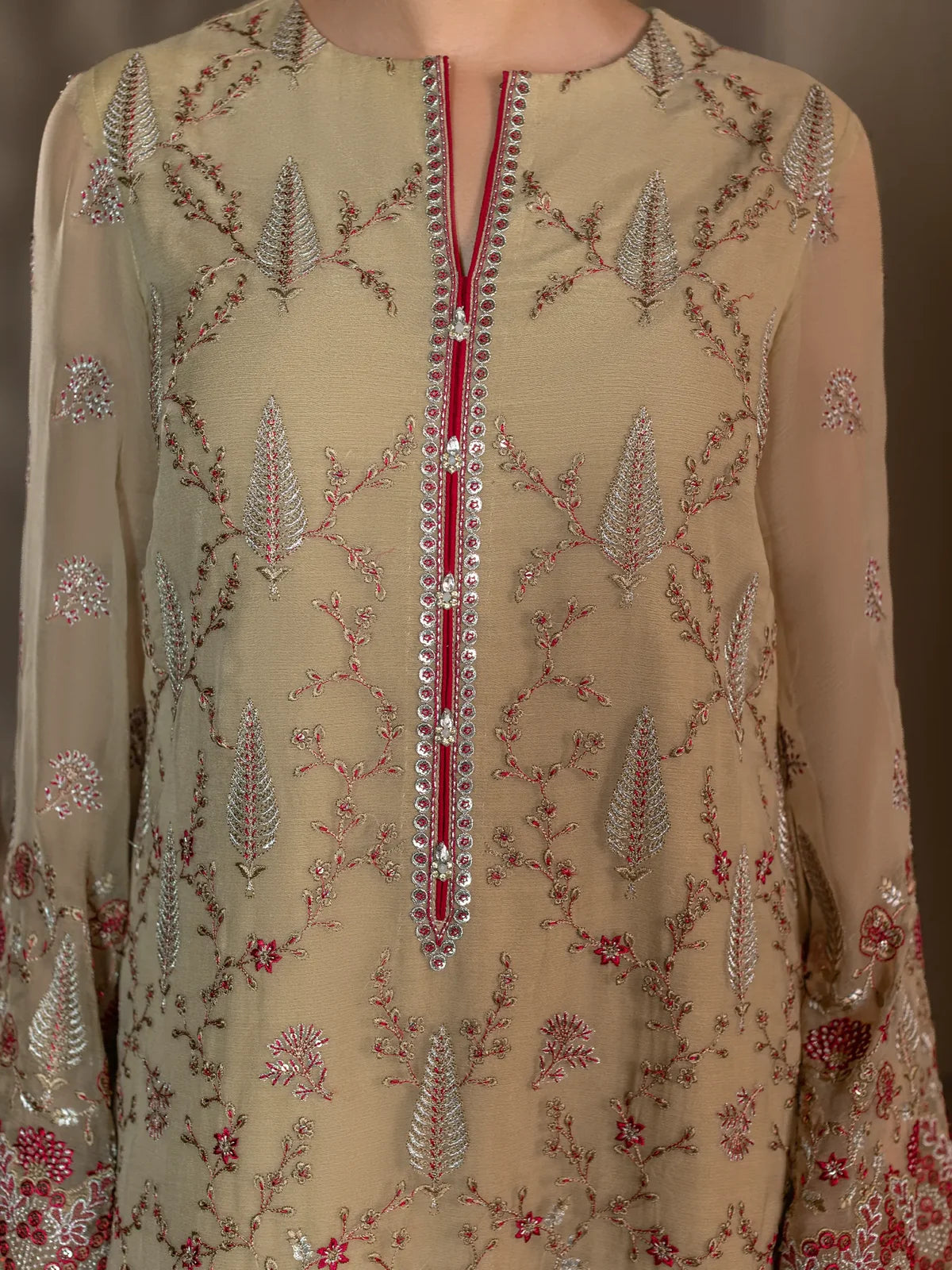 Zohra – Champagne Beige Embroidered Chiffon 3 Piece Suit | Formal Wear
