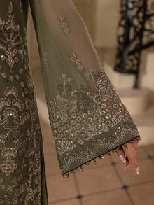 Orlena – Moss Olive Embroidered Chiffon 3 Piece Suit | Formal Wear
