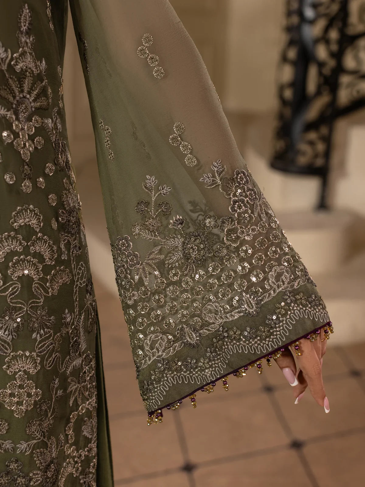 Orlena – Moss Olive Embroidered Chiffon 3 Piece Suit | Formal Wear