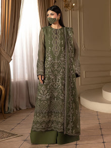 Orlena – Moss Olive Embroidered Chiffon 3 Piece Suit | Formal Wear
