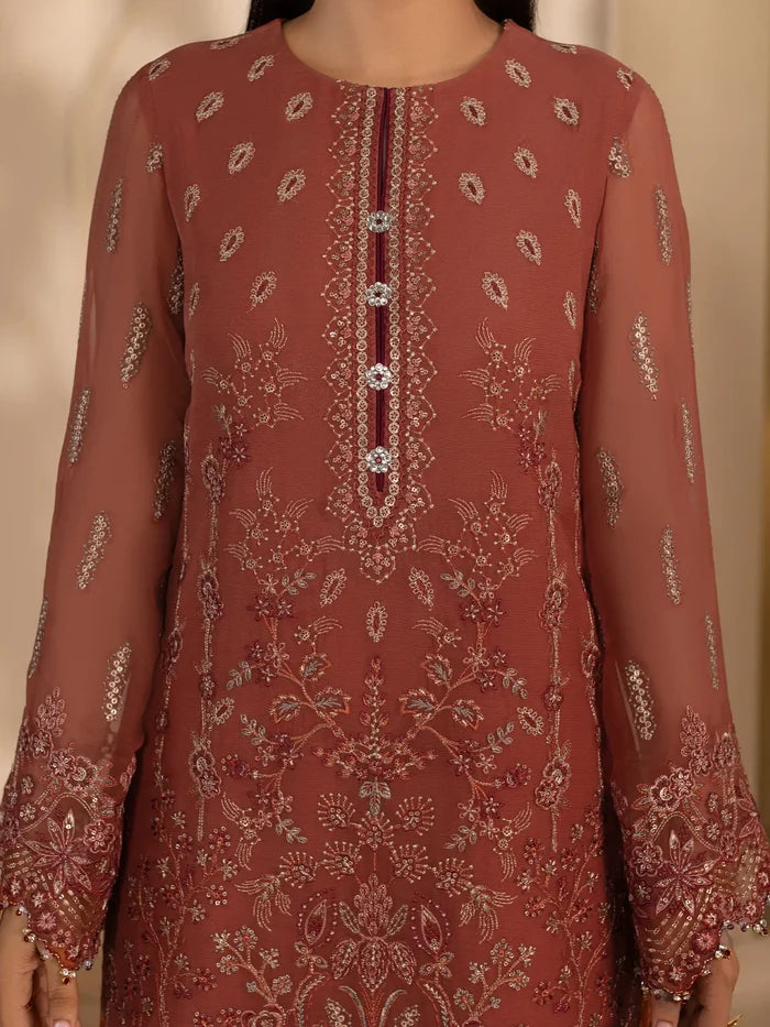 Gulrukh – Terracotta Rose Embroidered Chiffon 3 Piece Suit | Formal Wear