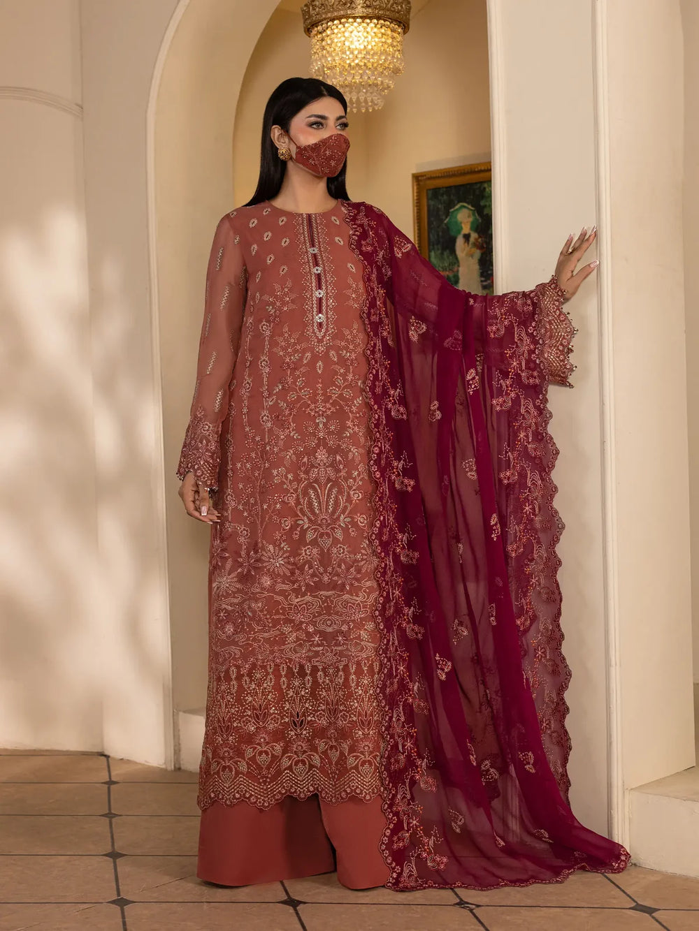 Gulrukh – Terracotta Rose Embroidered Chiffon 3 Piece Suit | Formal Wear