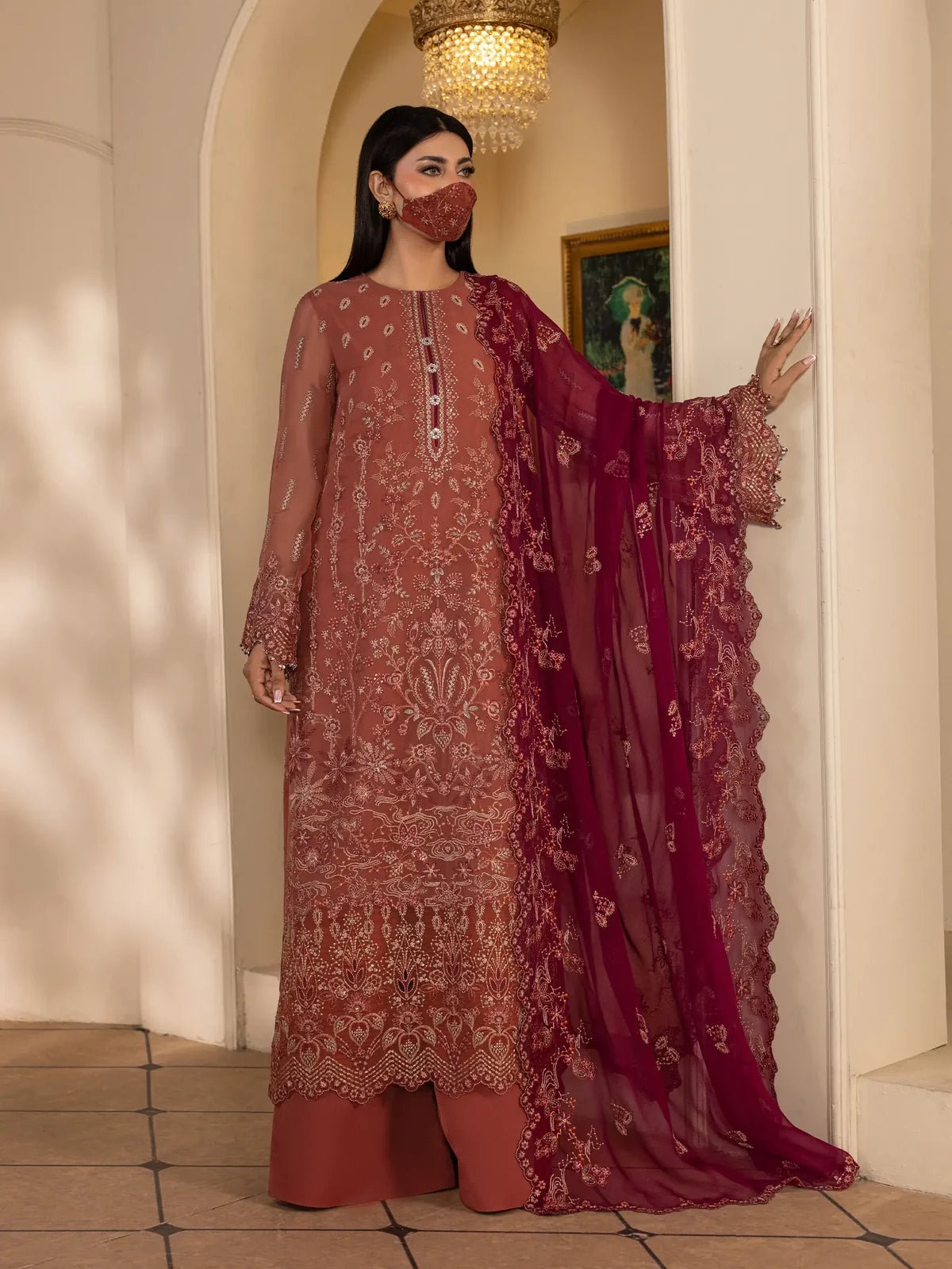 Gulrukh – Terracotta Rose Embroidered Chiffon 3 Piece Suit | Formal Wear
