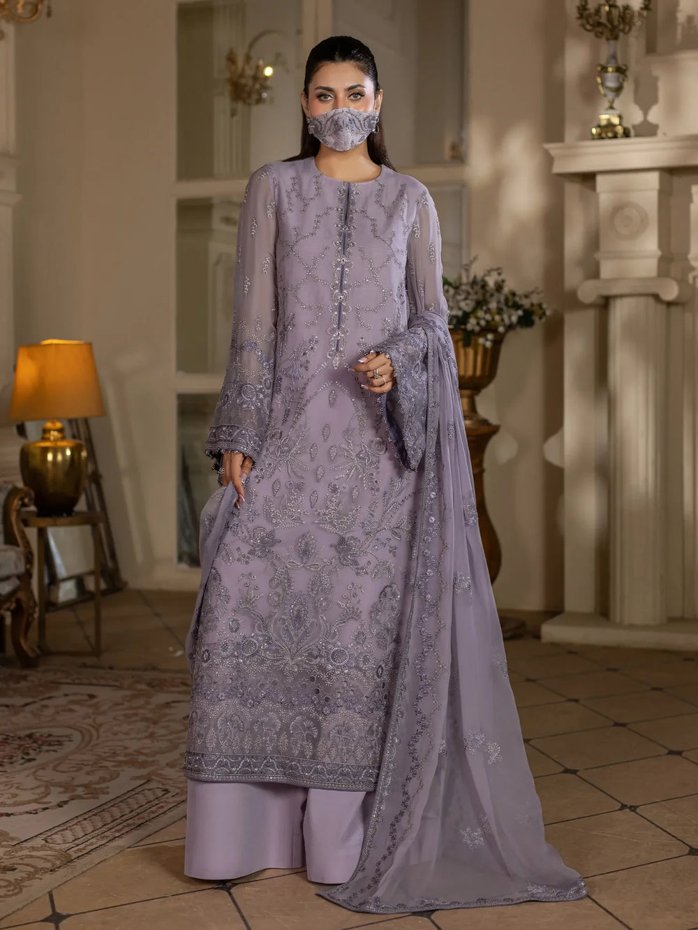 Laila – Lavender Grey Embroidered Chiffon 3 Piece Suit | Formal Wear