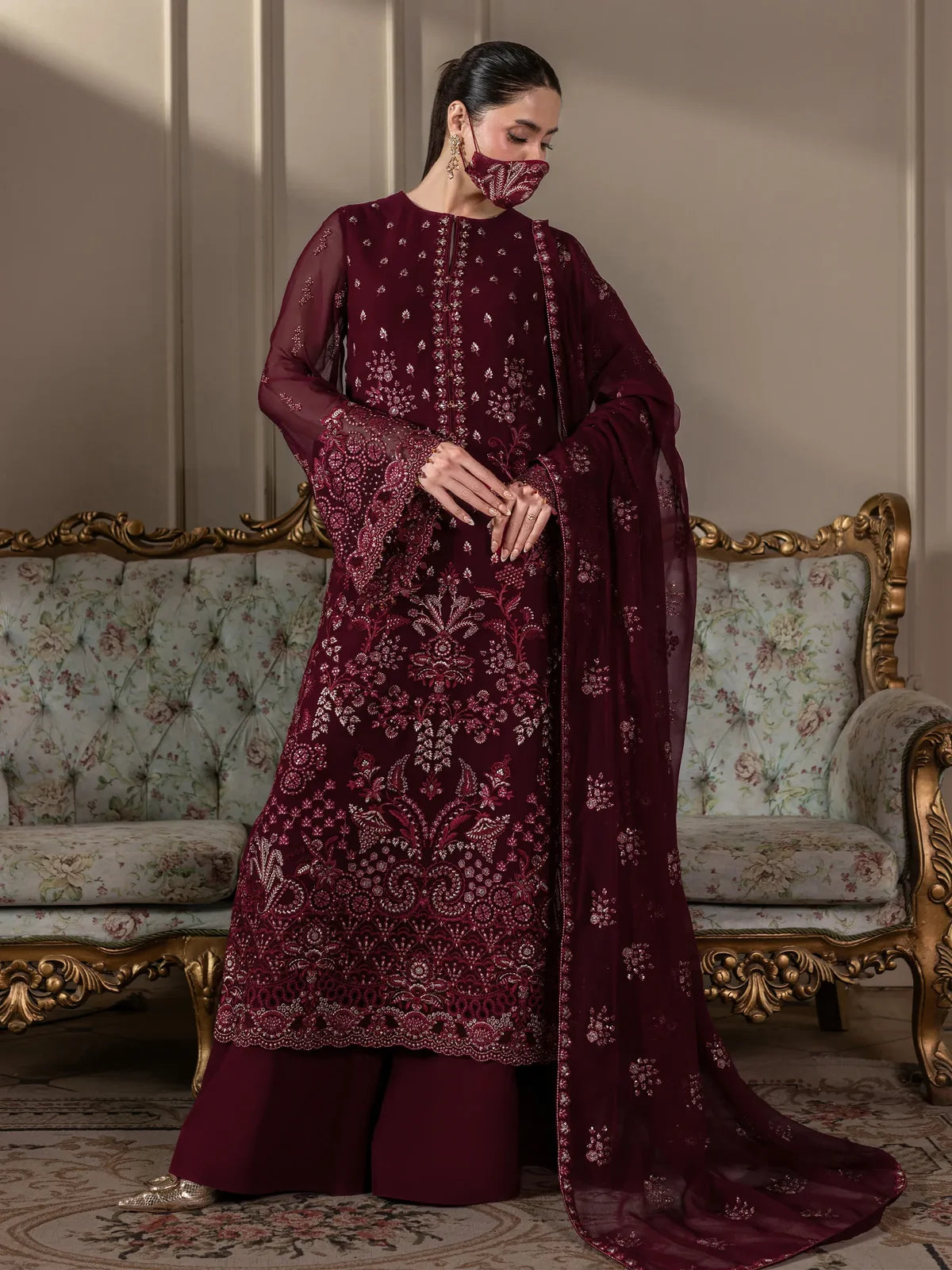 Mahira – Deep Burgundy Embroidered Chiffon 3 Piece Suit | Formal Wear