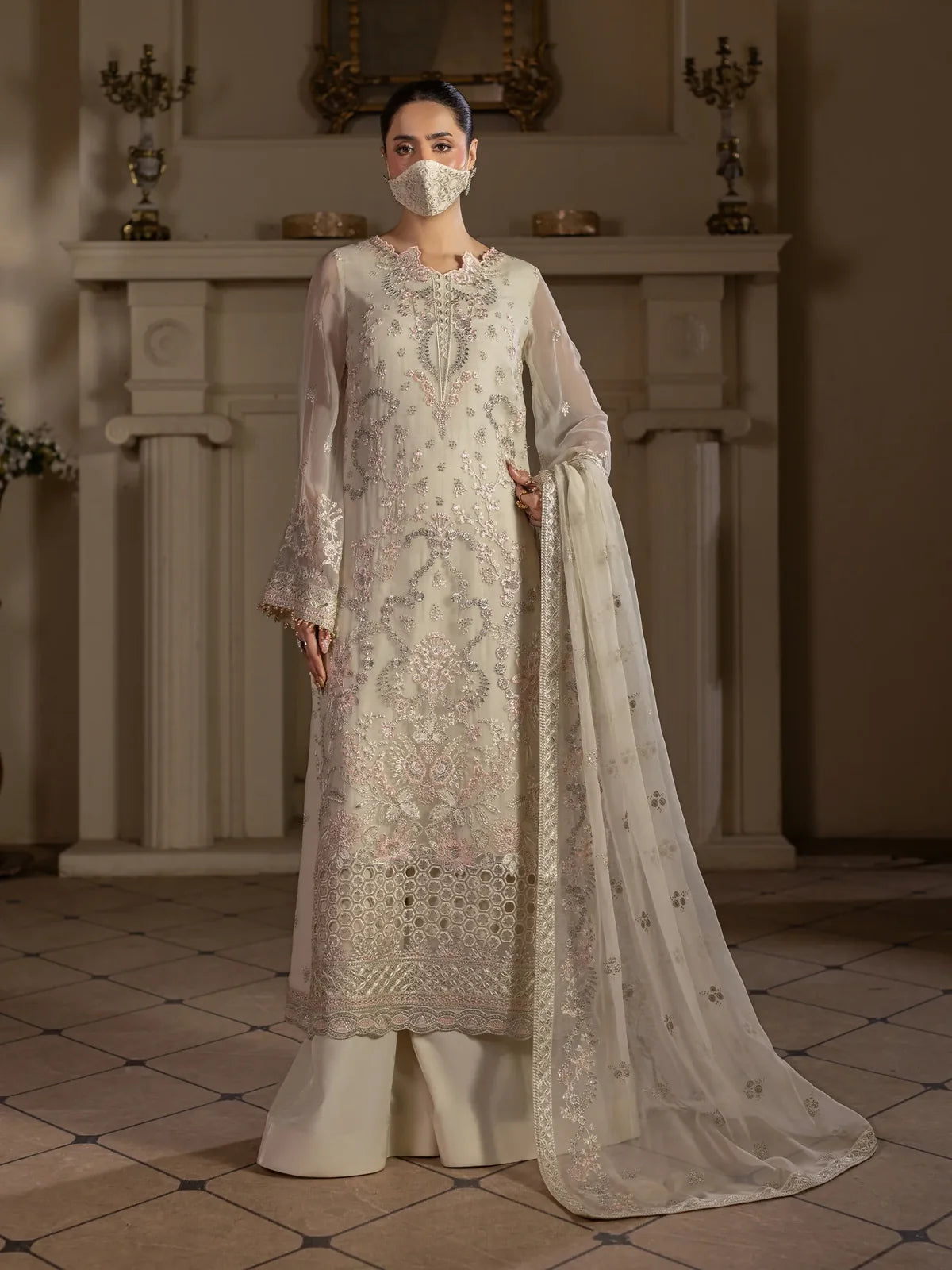 Safa – Ivory Embroidered Chiffon 3 Piece Suit | Formal Wear