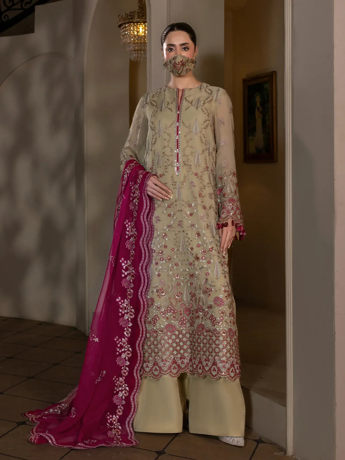Zohra – Champagne Beige Embroidered Chiffon 3 Piece Suit | Formal Wear