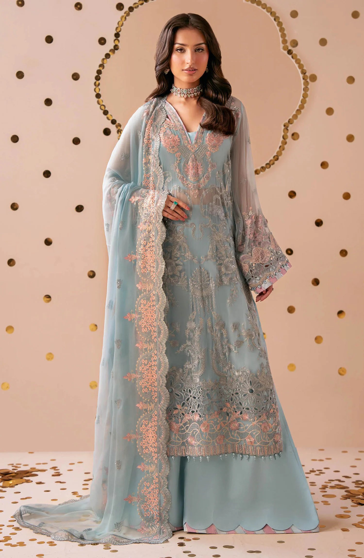 Dastak by Ramsha Premium Embroidered Chiffon Unstitched 3 Piece Suit - Q-301 - Blue - Festive Collection