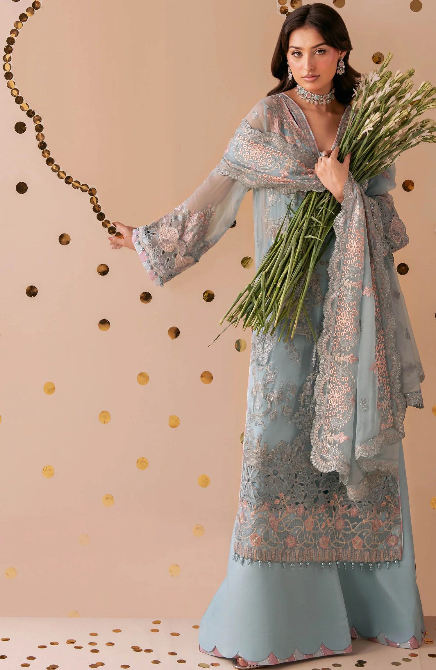 Dastak by Ramsha Premium Embroidered Chiffon Unstitched 3 Piece Suit - Q-301 - Blue - Festive Collection
