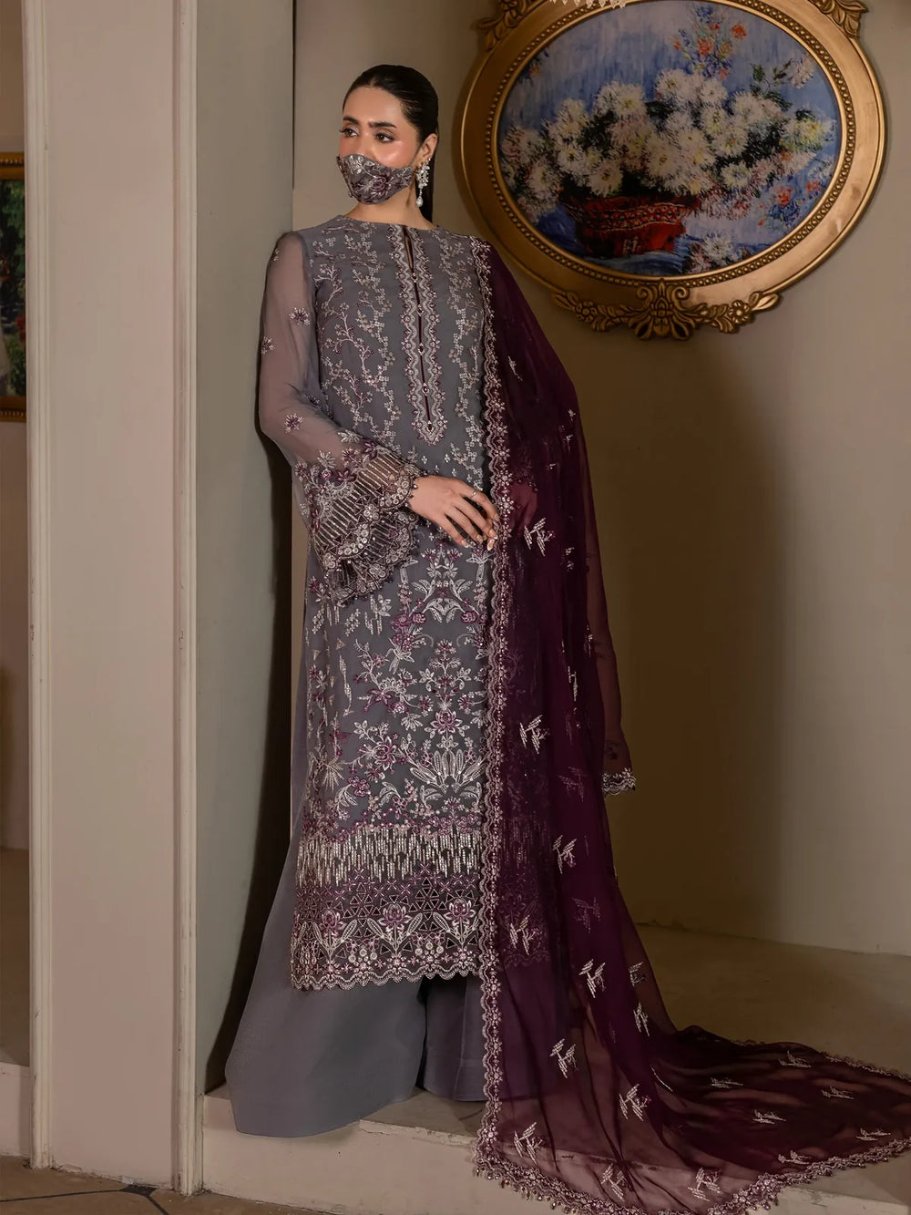Kuch Khas By Flossie Chandani At Premium Chiffon 3pc Unstitched Suit - KKFCAK - D-09 - Grey
