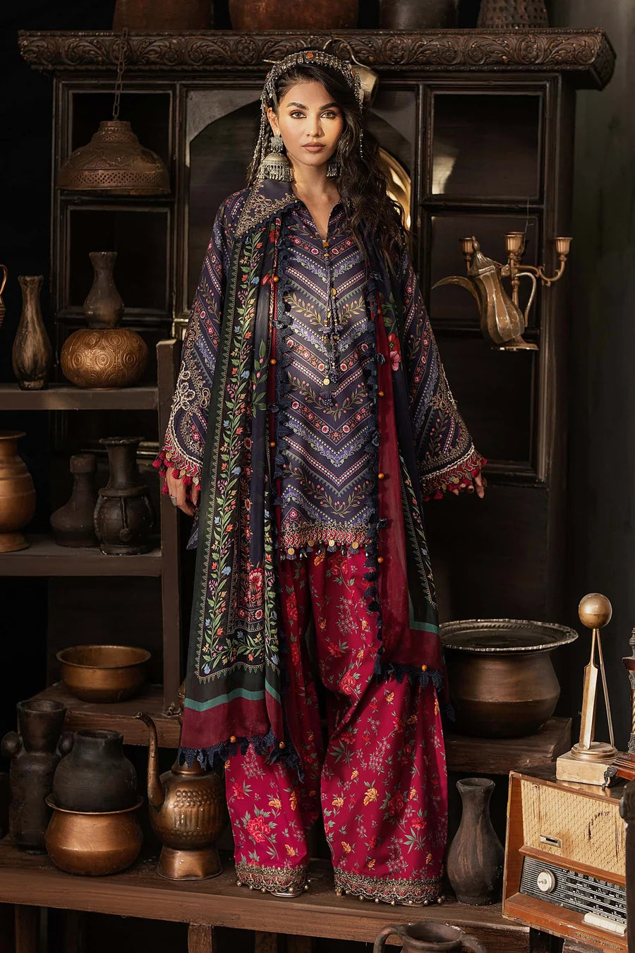M.Prints Embroidered Cambric Unstitched 3Pc Suit MPT-3107-B