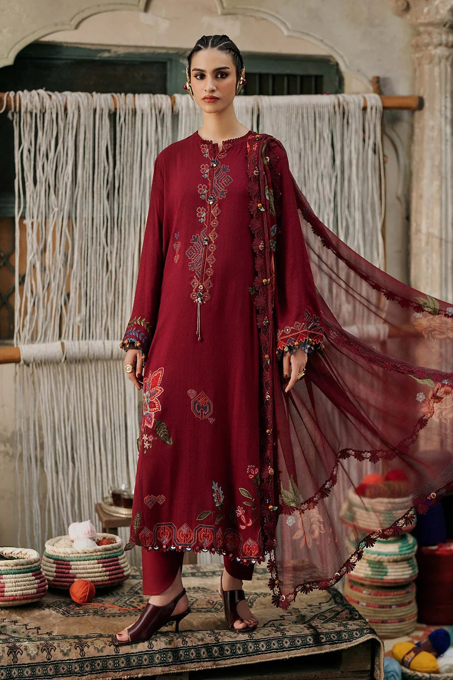 M.Prints Embroidered Linen Unstitched 3Pc Suit MPT-3110-A