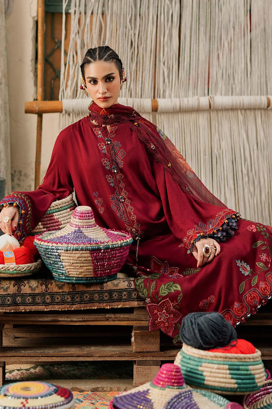 M.Prints Embroidered Linen Unstitched 3Pc Suit MPT-3110-A