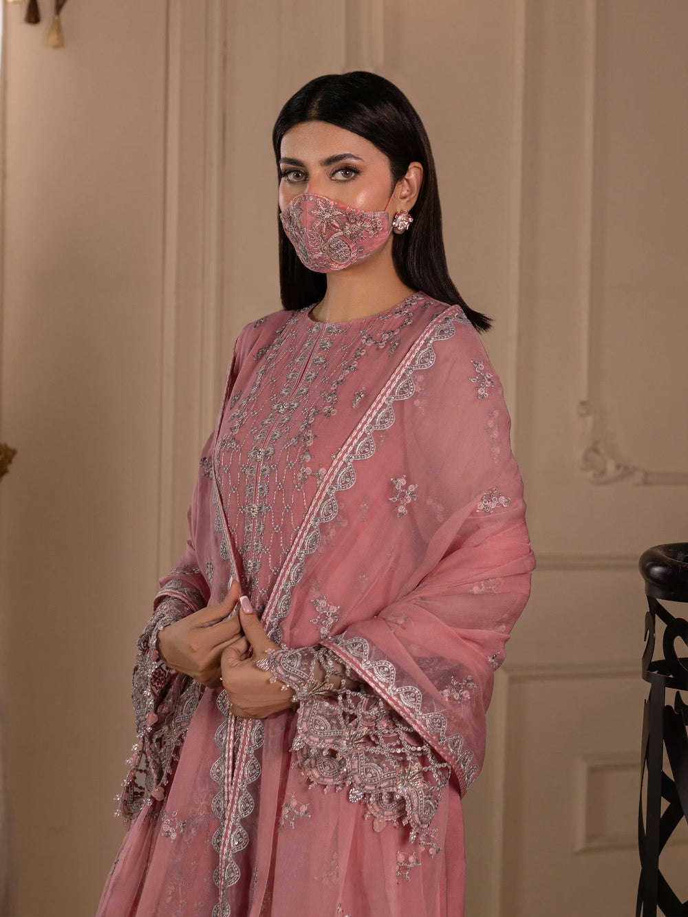 Rosavyn – Dusty Pink Embroidered Chiffon 3 Piece Suit | Formal Wear
